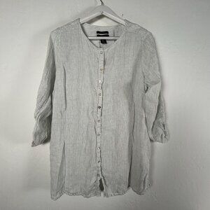 Tahari Womens 100% Linen Striped Button-Down Tunic Top 1X White/Blue Lightweight